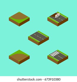 Isometric Road Set Of Repairs, Single-Lane, Sand Vector Objects. Also Includes Lane, Strip, Pedestrian Elements.
