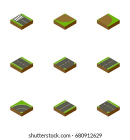 Isometric Road Set Of Rotation, Turn, Down And Other Vector Objects. Also Includes Rotation, Turning, Cracks Elements.