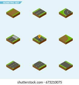 Isometric Road Set Of Rotation, Upwards, Without Strip And Other Vector Objects. Also Includes Plane, Strip, Highway Elements.