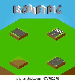 Isometric Road Set Of Sand, Footer, Without Strip Vector Objects. Also Includes Turn, Pedestrian, Unilateral Elements.