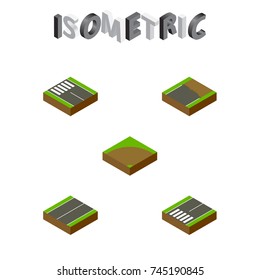 Isometric Road Set Of Sand, Strip, Plane Vector Objects. Also Includes Flat, Strip, Sand Elements.