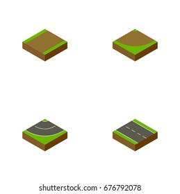 Isometric Road Set Of Single-Lane, Footpath, Road And Other Vector Objects. Also Includes Turn, Highway, Bitumen Elements.