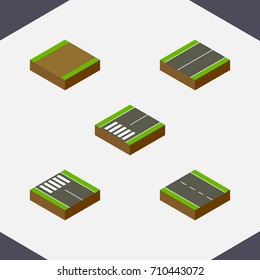 Isometric Road Set Of Single-Lane, Plane, Footpath And Other Vector Objects. Also Includes Footer, Road, Lane Elements.