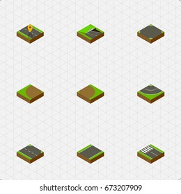 Isometric Road Set Of Strip, Crossroad, Road And Other Vector Objects. Also Includes Turning, Strip, Crossroad Elements.