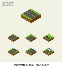Isometric Road Set Of Subway, Downward, Footer And Other Vector Objects. Also Includes Plane, Down, Lane Elements.