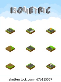 Isometric Road Set Of Subway, Pedestrian, Without Strip And Other Vector Objects. Also Includes Plane, Navigation, Lane Elements.