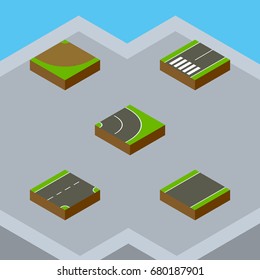 Isometric Road Set Of Turn, Asphalt, Unilateral And Other Vector Objects. Also Includes Bitumen, Unilateral, Strip Elements.
