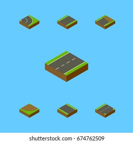 Isometric Road Set Of Turn, Driveway, Unfinished And Other Vector Objects. Also Includes Lane, Incomplete, Downward Elements.