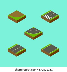 Isometric Road Set Of Turn, Footpassenger, Unilateral And Other Vector Objects. Also Includes Footpassenger, Footer, Unilateral Elements.