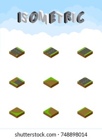 Isometric Road Set Of Turn, Incomplete, Downward And Other Vector Objects. Also Includes Sand, Footpath, Incomplete Elements.