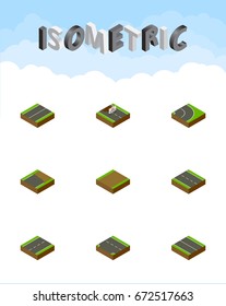 Isometric Road Set Of Unfinished, Downward, Driveway And Other Vector Objects. Also Includes Down, Road, Footpath Elements.