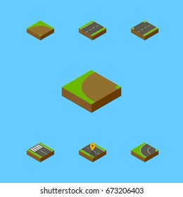 Isometric Road Set Of Way, Upwards, Sand Vector Objects. Also Includes Road, Strip, Bitumen Elements.