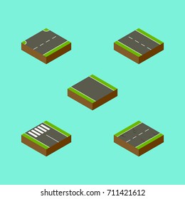 Isometric Road Set Of Without Strip, Strip, Upwards And Other Vector Objects. Also Includes Road, Unilateral, Cracks Elements.