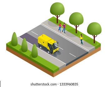 Isometric Road Sweeper dust cleaner road sweeper. Special purpose vehicle for washing road.