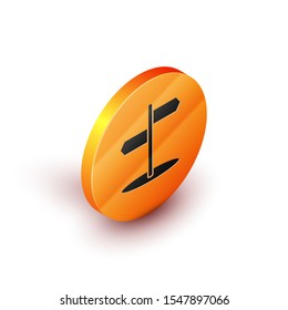 Isometric Road traffic sign. Signpost icon isolated on white background. Pointer symbol. Isolated street information sign. Direction sign. Orange circle button. Vector Illustration