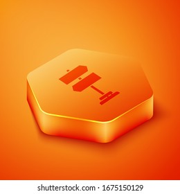Isometric Road traffic sign. Signpost icon isolated on orange background. Pointer symbol. Isolated street information sign. Direction sign. Orange hexagon button. Vector Illustration