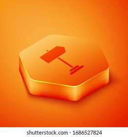 Isometric Road traffic sign. Signpost icon isolated on orange background. Pointer symbol. Isolated street information sign. Direction sign. Orange hexagon button. Vector Illustration