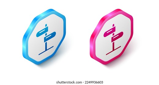 Isometric Road traffic sign. Signpost icon isolated on white background. Pointer symbol. Isolated street information sign. Direction sign. Hexagon button. Vector