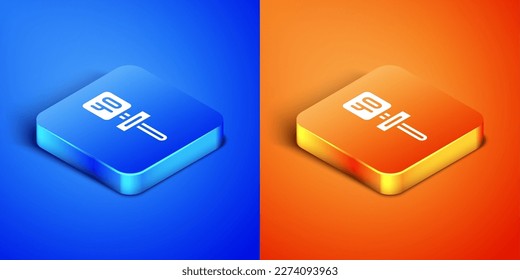 Isometric Road traffic sign. Signpost icon isolated on blue and orange background. Pointer symbol. Isolated street information sign. Direction sign. Square button. Vector