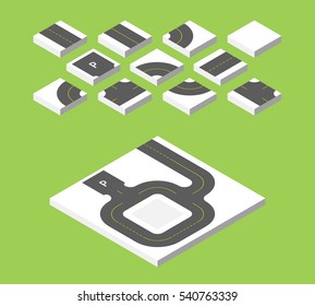 Isometric road. Vector illustration eps 10 isolated on green background.