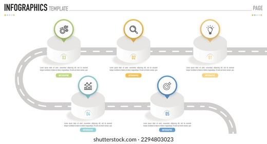 Isometric roadmap infographic template or element with 5 step, process, option, colorful 3D circle, bar, stage, paper origami, 12 month, column, road, target, button, number for sale slide, flowchart 