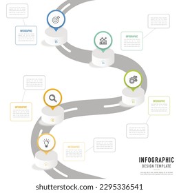 Isometric roadmap infographic template or element with 5 step, process, option, colorful 3D bar, circle, column, road, icons, pin, button, tag, rectangle, rectangular for sale slide brochure flowchart