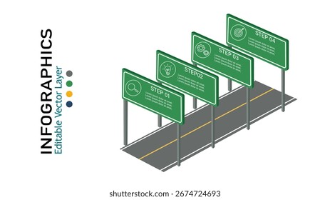 Isometric roadmap infographics template with four options. Modern vector design for business, presentation, and marketing concepts.