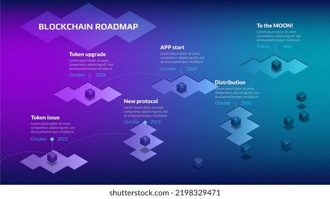 Isometric roadmap with many small cubes for blockchain or cryptocurrency project on purple blue background. Infographic timeline template for business presentation. Vector illustration.