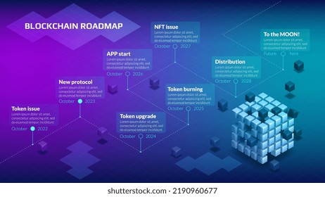 Isometric roadmap with many steps for blockchain or cryptocurrency project with big and small cubes on purple blue background. Infographic timeline template for presentation. Vector illustration.