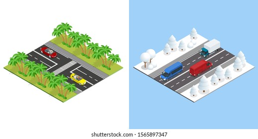 Isometric Roads with cars in summer, and road in winter. Winter Driving and road safety. The car rides on a slippery road. Cars on winter busy road.