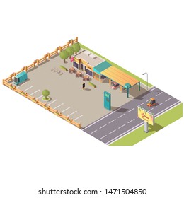 Isometric roadside cafe and gas station buildings, road cafeteria with car and bcycle parking, terrace area with tables, menu, petrol price signboard. Coffee shop for travelers, 3d vector illustration