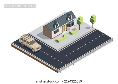 Isometric roadside mansion on the sidewalk Editable in 10 EPS. Vector Isometric Illustration Perfect for Diagrams, Infographics, And Other Graphic Assets