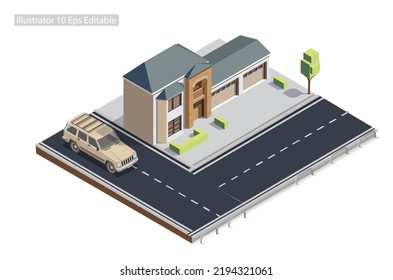 Isometric roadside mansion on the sidewalk Editable in 10 EPS. Vector Isometric Illustration Perfect for Diagrams, Infographics, And Other Graphic Assets