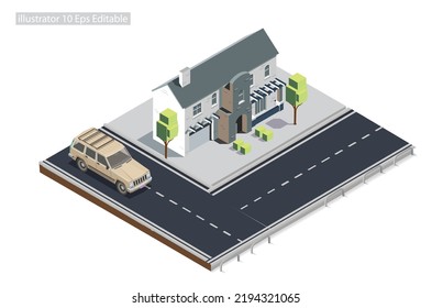 Isometric roadside mansion on the sidewalk Editable in 10 EPS. Vector Isometric Illustration Perfect for Diagrams, Infographics, And Other Graphic Assets