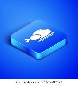 Isometric Roasted turkey or chicken icon isolated on blue background. Blue square button. Vector Illustration
