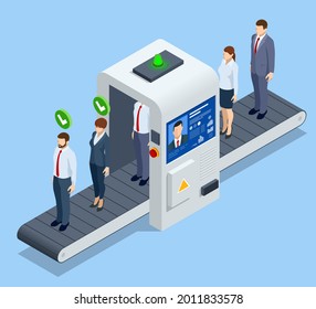 Isometric robot analyzes the database of employees or personnel. Data processing. Robot HR manager. Human resources HR management recruitment employment headhunting.