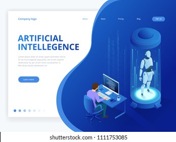 Isometric Robot with artificial intelligence. Robot cybernetic organism works with a virtual HUD interface in augmented reality. Future concept.