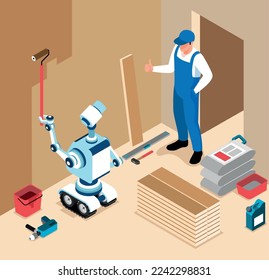 Isometric robot assistant colored concept man is satisfied with the work of robot at construction site robot paints walls with paint vector illustration