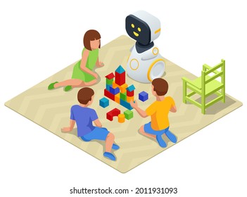 Sitio Isometric Robot Baby Jugando Cubos Con Niños. Niñera Robot y niños jugando juguetes educativos en kindergarten o sala de guardería