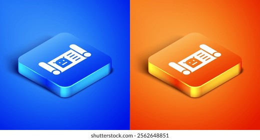 Isometric Robot blueprint icon isolated on blue and orange background. Square button. Vector