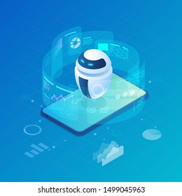 Isometric Robot Bot operating virtual HUD interface vector illustration. Artificial Intelligence, Automation Process Technology and engineering.