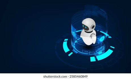 Isometric robot bot operating virtual interface. Artificial Intelligence, Automation Process Technology and engineering.	