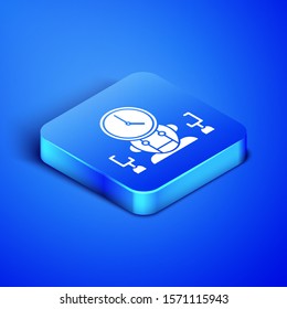 Isometric Robot and digital time manager icon isolated on blue background. Time management assistance, workflow optimization help. Blue square button. Vector Illustration