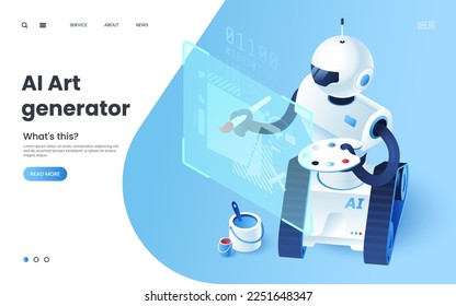 Isometric Robot drawing a picture on digital display. Artificial intelligence technology. Robot artist. AI art generation concept. Vector illustration for your design.