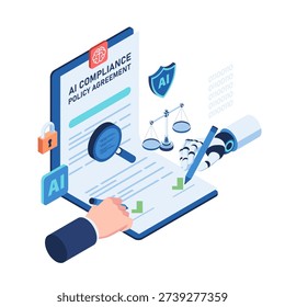 Isometric Robot and Human Sign AI Compliance Agreement. AI Compliance Policy Agreement and AI Governance Concept