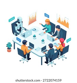 Robot isométrico y humanos colaborando en un encuentro de negocios. Concepto de Equipo de colaboración de agentes de IA humana