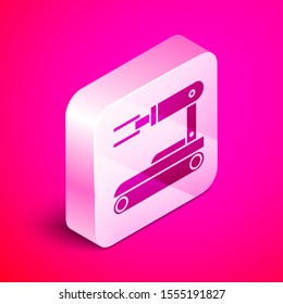 Isometric Robot icon isolated on pink background. Silver square button. Vector Illustration