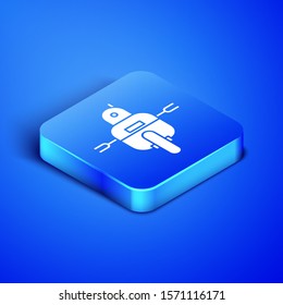 Isometric Robot icon isolated on blue background. Blue square button. Vector Illustration