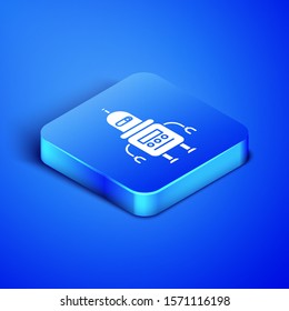 Isometric Robot icon isolated on blue background. Blue square button. Vector Illustration