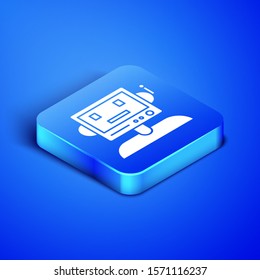 Isometric Robot icon isolated on blue background. Blue square button. Vector Illustration